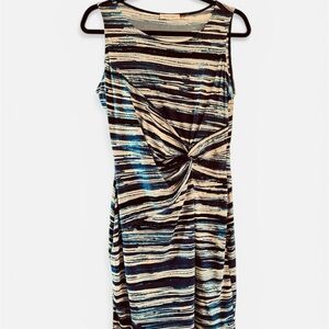 Calvin Klein Sleeveless Twist-Front Striped Dress in Black, Cream & Blue